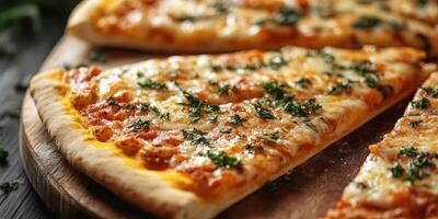 Delicious freshly baked pizza slices topped with melted cheese and herbs served on a wooden platter photo