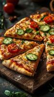Delicious slices of fresh pizza topped with tomatoes and cucumbers on a wooden board photo