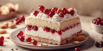 Delicious layered cake topped with fresh berries and almonds served on a plate in a cozy setting photo
