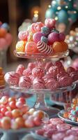 Colorful assortment of candy displayed on elegant glass stands during a vibrant dessert event photo