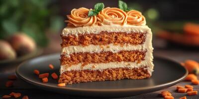 Delicious orange cake with creamy frosting and decorative rose accents on a dark wooden table photo
