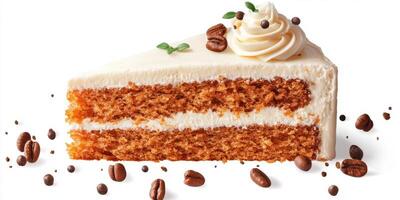 Decadent slice of carrot cake topped with cream and coffee beans perfect for dessert lovers photo