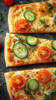 Freshly baked pizza with cucumber and tomato slices served on a wooden table photo