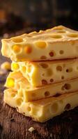 Delicious cheese blocks stacked on a wooden surface with visible holes and texture highlighting freshness and quality photo