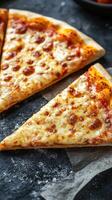 Deliciously cheesy slices of pizza resting on a dark surface with vibrant toppings in the background photo