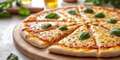 Freshly baked pizza with basil leaves served on a wooden board at a cozy dining table photo