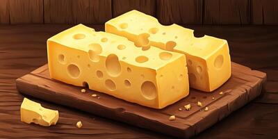 Blocks of cheese arranged on a wooden cutting board with a rustic background in a cozy kitchen setting photo