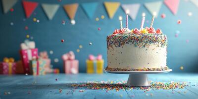 Freshly decorated birthday cake with candles and colorful sprinkles at a festive celebration photo