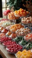Colorful array of assorted sweets displayed beautifully at a festive gathering in a cozy venue photo