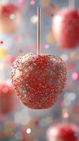 Colorful candy apple with sprinkles hanging on a stick, surrounded by festive decorations during a celebration photo