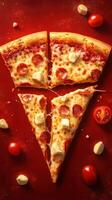 Delicious slices of pepperoni pizza with fresh tomatoes and cheese on a bright red background during a casual meal photo