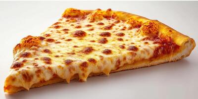 Delicious slice of classic cheese pizza with gooey melted cheese and crispy crust served on a plain white background photo