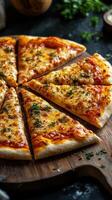 Delicious cheesy pizza slices on a rustic wooden board with fresh herbs and sauce background photo