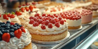 Delightful display of assorted cakes with fresh berries at a bakery in the late afternoon photo