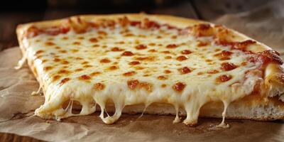 Delicious cheesy pizza slice resting on parchment paper in a cozy kitchen setting photo