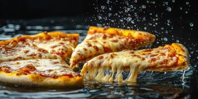 Delicious cheese pizza slices splash into water creating a mouthwatering scene photo