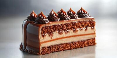 Decadent chocolate cake with layers of creamy frosting displayed on a polished surface photo