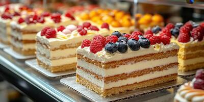 Delicious desserts displayed in a bakery showcasing layered cakes with fresh fruits on top photo