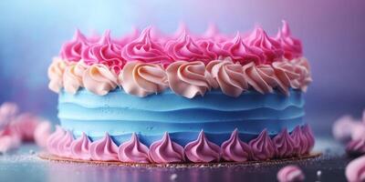 Colorful layered cake decorated with pink and blue frosting at a celebration photo