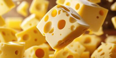 Floating cubes of yellow cheese create a whimsical and appetizing visual display in a kitchen setting photo