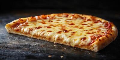 Delicious cheese pizza with golden crust and melted cheese on a dark background photo