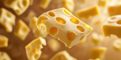 Floating pieces of cheese with holes catching light in an abstract culinary setting photo