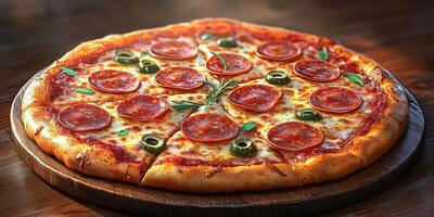 Freshly baked pizza with pepperoni and olives served on a wooden board in a warm atmosphere photo