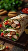 Delicious grilled chicken wraps with fresh vegetables served on wooden table photo