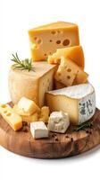 Assorted cheeses displayed on a wooden board with herbs for a gourmet experience photo