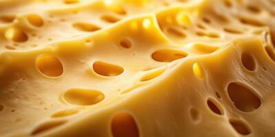 Close-up view of textured cheese showcasing holes and smooth surface under warm lighting photo