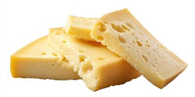Freshly cut dairy cheese blocks arranged artistically on a white background showcasing texture and color variations photo