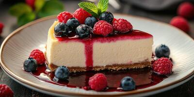 Delicious cheesecake topped with fresh berries and raspberry sauce served on a decorative plate photo