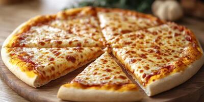 Cheese pizza on wooden board with slices cut, served in a cozy, relaxed setting photo