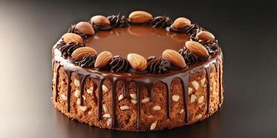 Chocolate almond cake decorated with nuts and dark chocolate ganache on a black background photo