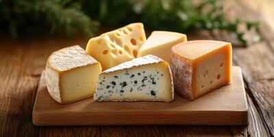Variety of artisan cheeses arranged on a wooden board with fresh greens in the background photo