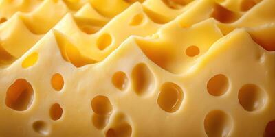Delicious close-up of Swiss cheese showcasing its characteristic holes and creamy texture photo