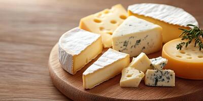 Various types of cheese displayed on a wooden board suitable for a gourmet platter or charcuterie setup photo