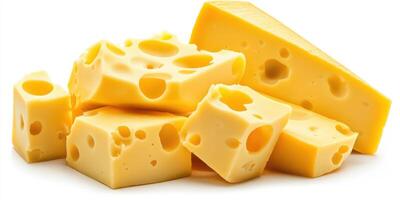 Various pieces of yellow cheese stacked together on a white background showcasing different shapes and sizes with holes photo