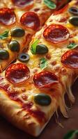 Delicious pepperoni pizza topped with olives and basil on a wooden table in a cozy dining setting photo