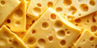 Freshly cut yellow cheese slices stacked together showing unique hole patterns and vibrant color photo
