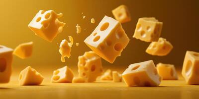 Floating pieces of cheese create a whimsical display against a golden background photo
