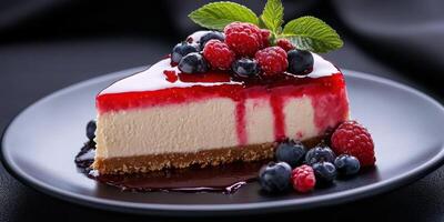 Delicious cheesecake topped with fresh berries and a glossy glaze served on a dark plate photo