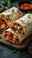 Delicious grilled chicken wraps filled with fresh vegetables served on a rustic wooden board photo