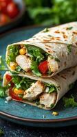 Fresh chicken wrap with lettuce, tomato, and corn on a blue plate garnished with cilantro photo