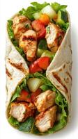 Fresh grilled chicken wrap with colorful vegetables served in a soft tortilla photo