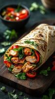 Delicious grilled chicken wrap served on a wooden board with fresh veggies and salsa photo