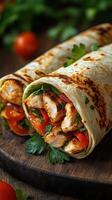 Chicken wraps with fresh vegetables on a wooden board prepared for a delicious meal photo