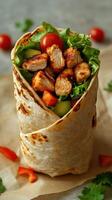 Delicious chicken wrap filled with fresh vegetables served on a rustic table in natural light photo