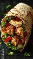 Delicious grilled chicken wrap filled with fresh vegetables and herbs prepared in a cozy kitchen setting photo