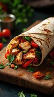Delicious grilled chicken wrap with fresh vegetables served on a wooden board in a cozy kitchen setting photo